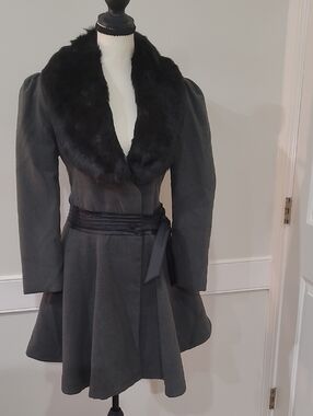 Osi Gopda Charcoal Gray Wool Blend Fit-and-Flare Coat with Faux Black Fur Collar